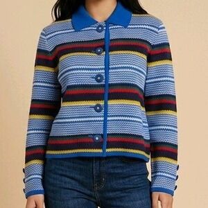 Vtg Yves Saint Laurent YSL Striped Button Cardigan M Nautical Snap Collar Lux